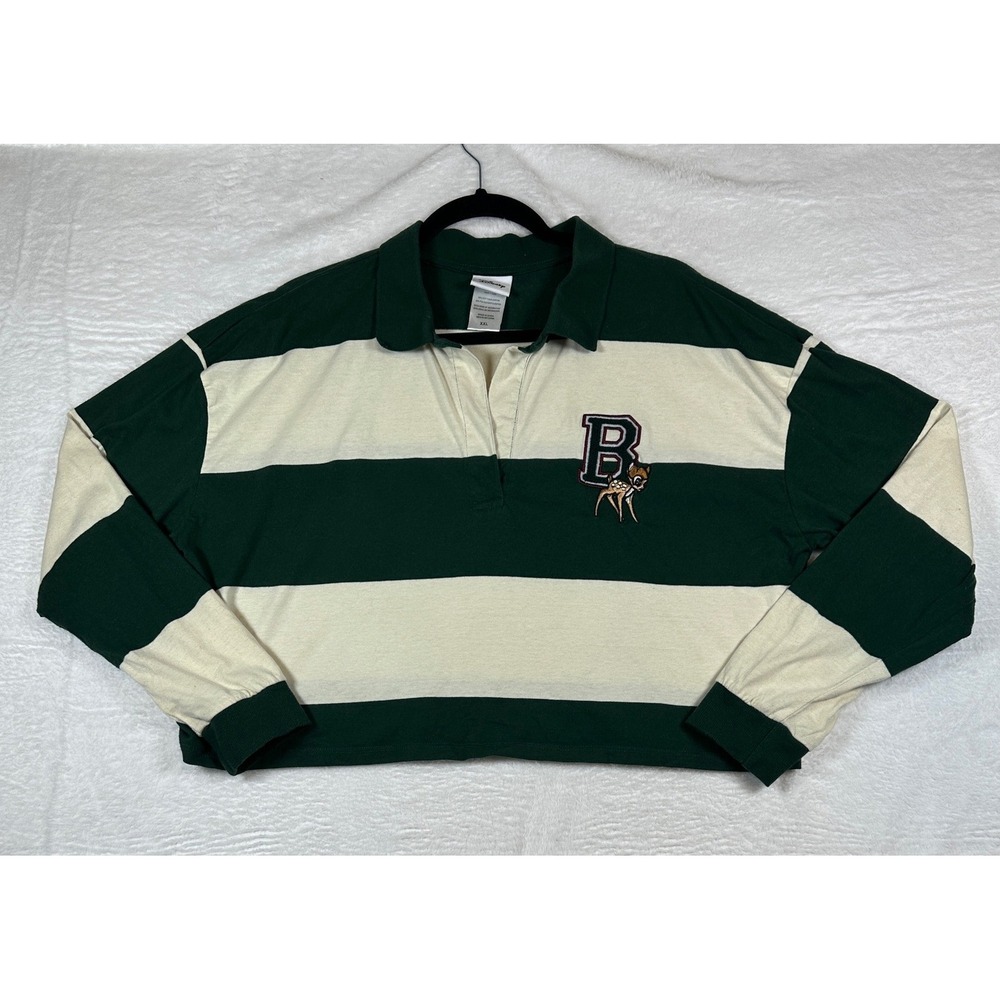 Disney Bambi Striped Polo Shirt Womens XXL Green Cream Cropped Rugby Long Sleeve
